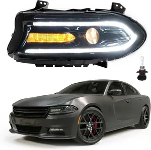 Left Headlight Assembly DRL w/Bulbs Compatible with 2015-2023 Dodge Charger W/Factory Halogen Headlamp Models Replacement for 68214399AB 68214399AD CH2502271 Clear Lens Black Housing Driver Side
