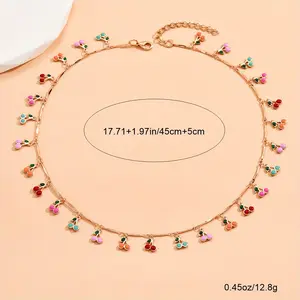 Bohemian Oil-Dripping Cherry Pendant Necklace, Fashion Costume Jewelry Accessory