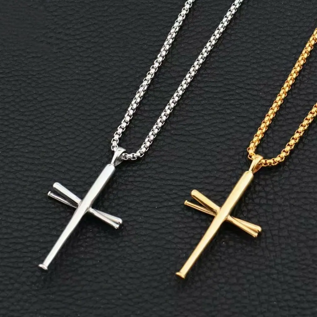 MaxBling81 Baseball Triple Bat Cross Charm Pendant & 3mm 24" Stainless Steel Rolo Bling Cross Emblem Necklace Jewelry, Cross Emblem Necklaces