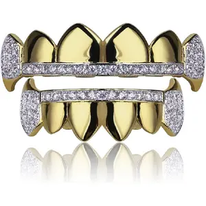 14K Gold Plated Iced Out CZ Top and Bottom Vampire Fangs Werewolf Grillz for Your Teeth Hip Hop Halloween Accessory