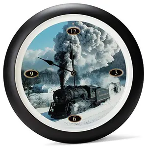 Steam Engine Train Sound Wall Clock 13 Inch Black with 12 Locomotive Sounds Light Sensor Battery Operated Train Lover Decor
