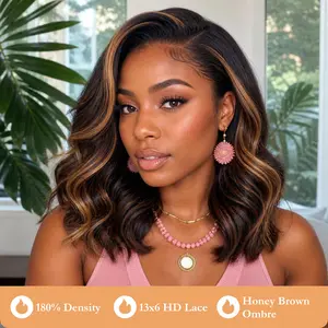 AFRIBYE 13x6 HD Lace Front Wig Human Hair Wigs14 Inch Honey Brown Ombre Bob for Black Women Body Wave 180% Density Pre-Plucked with Bleached Knots Wigs Human Hair