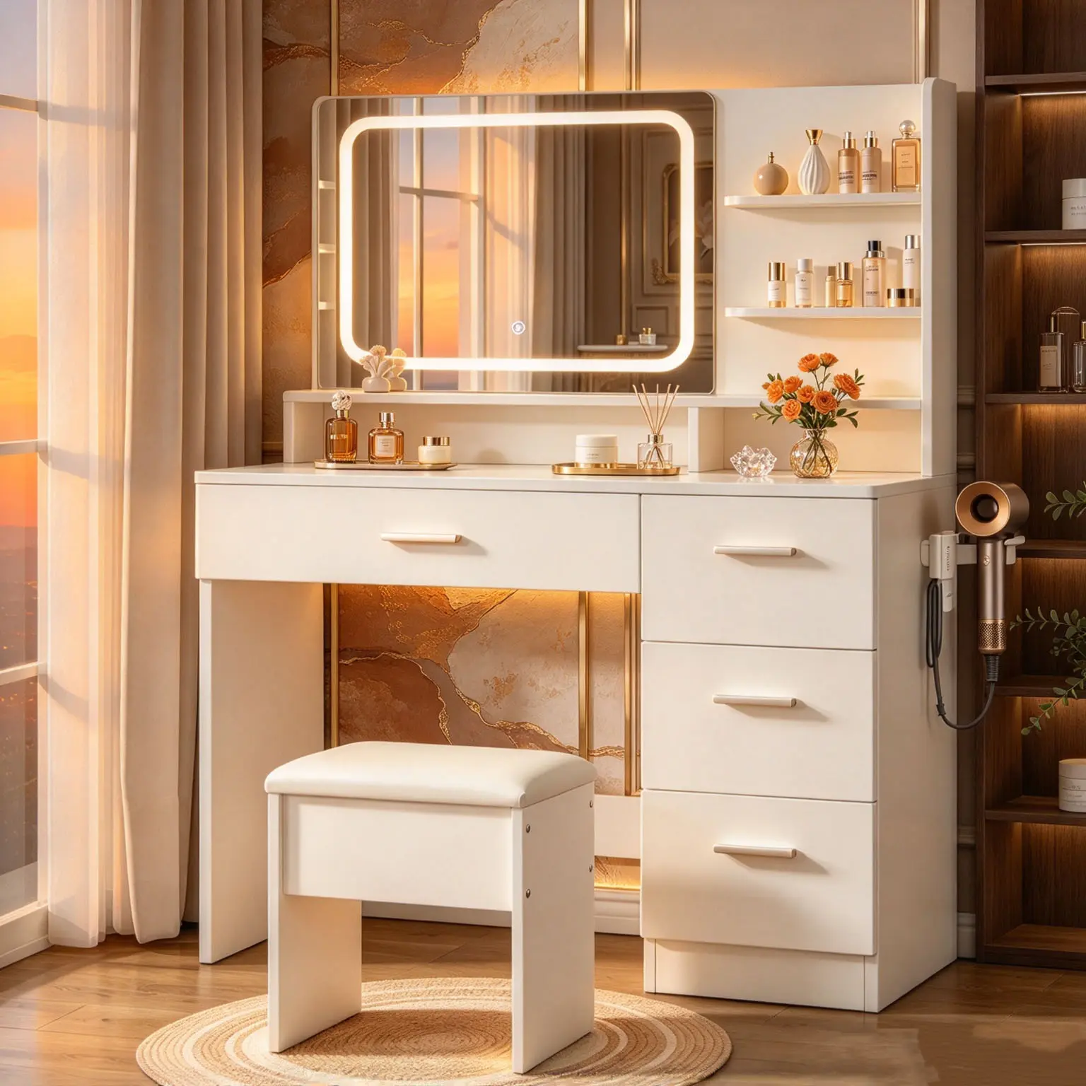 Minimalist white vanity set includes LED-lit mirror; makeup table with drawer storage and cushioned stool; suitable for teens and adults; ideal for home dressing rooms or bedrooms big furniture organizer rgb color cabinet