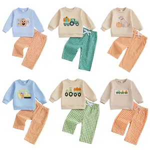 Toddler Baby Boy Halloween Outfit Pumpkin Tractor Long Sleeve Sweatshirt Tops Plaid Pants 2Pcs Set Fall Clothes