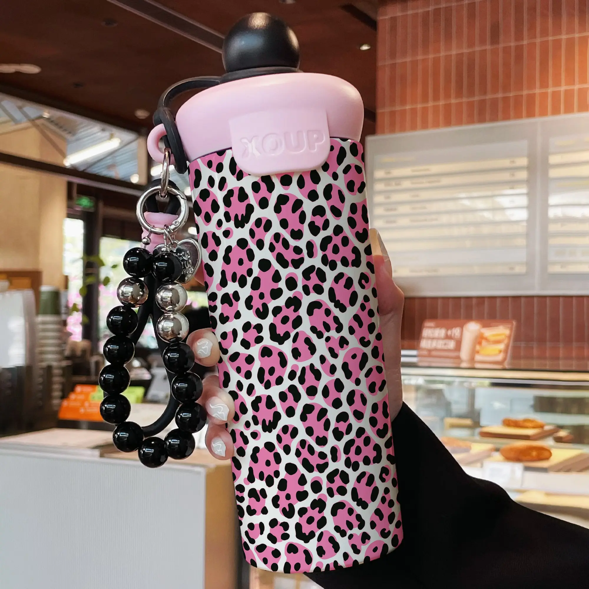 600ML Insulated Stainless Steel Mug with Beaded Bracelet, Stylish Leopard Print with Straw, Leakproof Travel Coffee Cup, Stainless Steel Drinkware, Perfect Women's Gift for Home & Office, Stainless Steel Tumbler