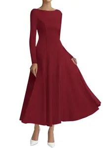 BTFBM Fall Dresses for Women 2026 Trendy Boat Neck Long Sleeve A Line Flowy Knit Loose Casual Elegant Party Maxi Dress