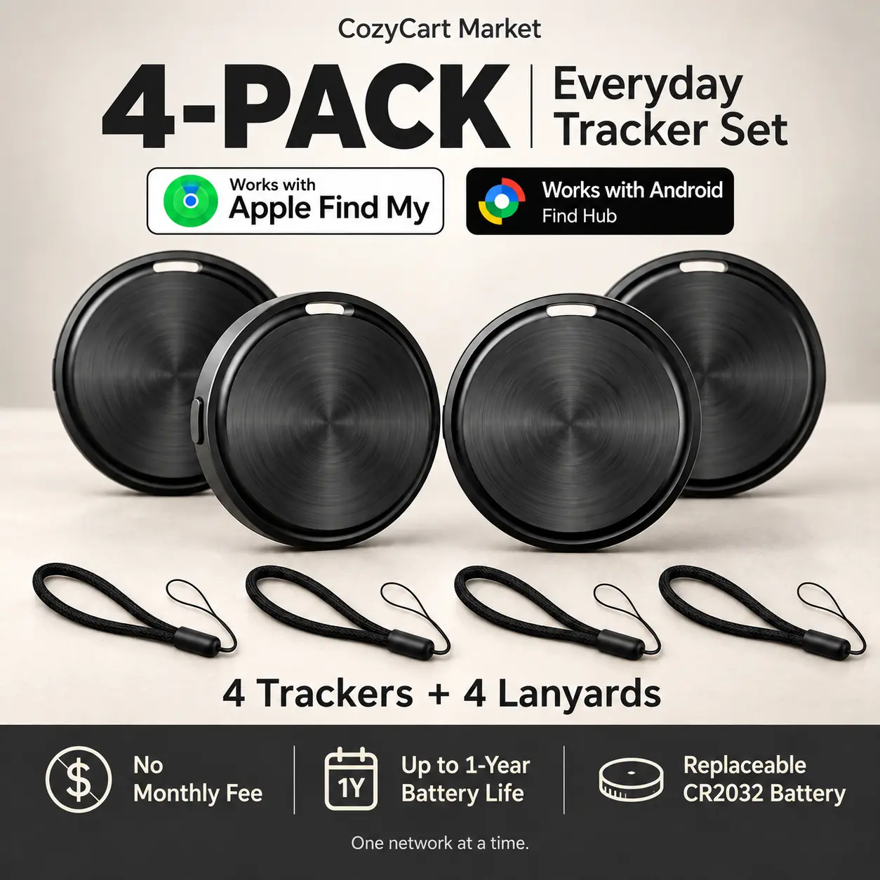 ROEL-PLAY Bluetooth Tag GPS Trackers 4-Pack, iPhone/Android Compatible, Works with Find My Network or Find Hub, Replaceable Battery, 1-Year Battery Life, No Monthly Fee, Item Finder for Keys, Luggage