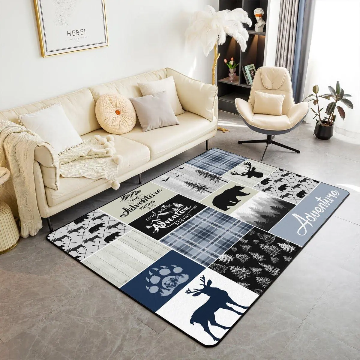 Rustic Deer Bear Decorative Carpet Country Farmhouse Area Rug Living Room Bedroom Cabin Lodge Decor Living Room Rugs Woodland Camping Grid Claw Indoor Floor Mat