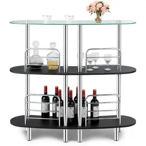 3-Tier Glass Liquor Bar Cabinets, Wine Bar Storage with Tempered Glass Counter Top and Metal Frame, Bar Unit with 2 Shelves, Bar Organize Ideal for Living Room/Home/Kitchen/Bar/Pub Utensils