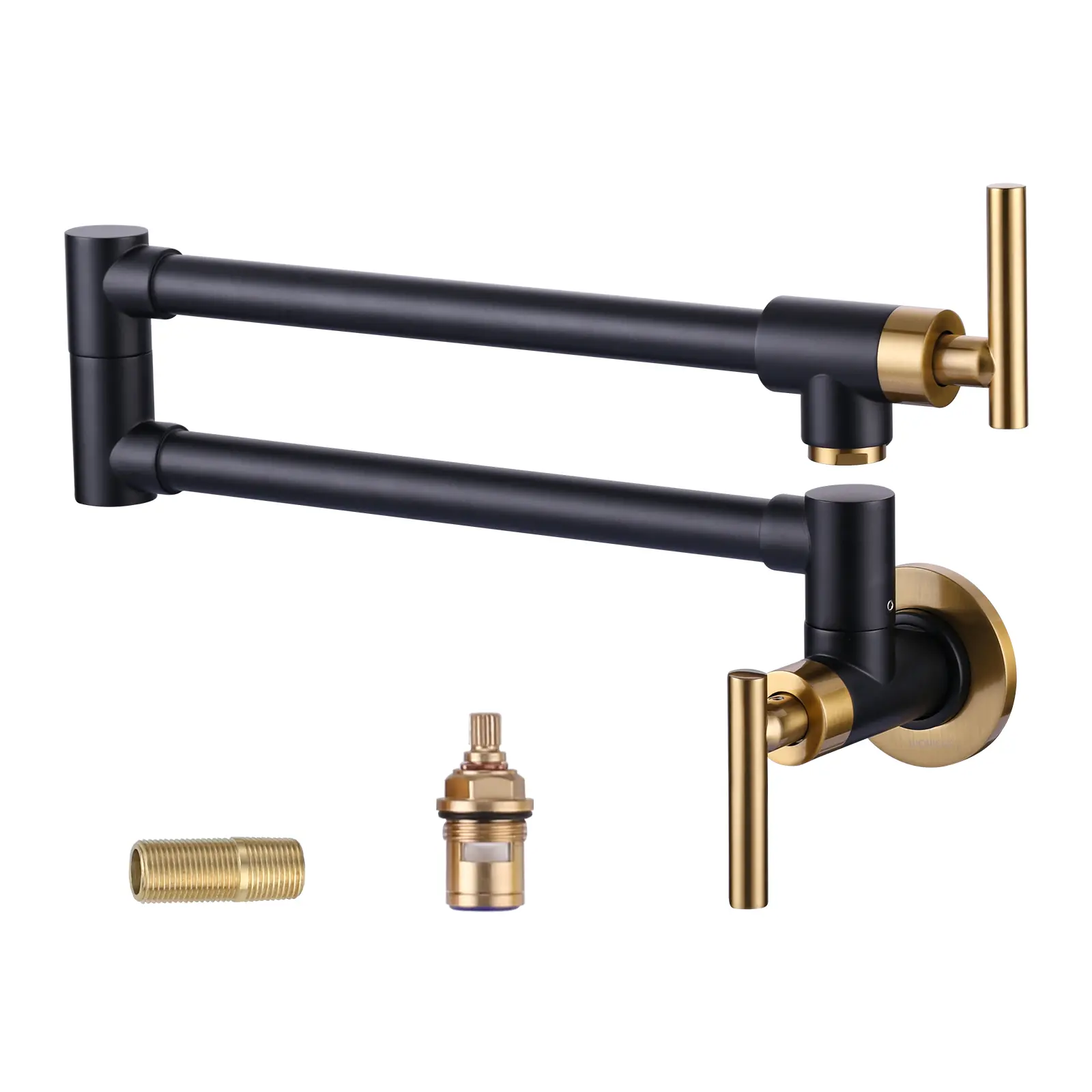 WOWOW Wall-Mount Brass Double Handle Pot Filler Kitchen Faucet, Folding Over-Stove Faucet with Joint Swing Arms for Kitchen Fixtures