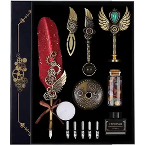 Red Complete Quill Pen Set with Feather Pen Ink Bookmarks Seals Nibs Wax Bead Envelopes Writing Paper Gift Box