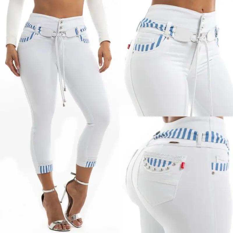 (71470)Women's Colombian Body Hugging Jeans, High-Waisted Butt-Lifting Stretch Denim with Tummy Control and Rhinestone Details, Bedazzled Jeans, Stretch Jeans