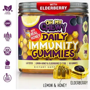Center-Filled Elderberry Gummies Immunity Support - Real Honey Immune Supplement for Kids, Teens & Adults with Vitamin C, Echinacea, and Zinc, Lemon-Honey and Elderberry Flavor - 60 CT