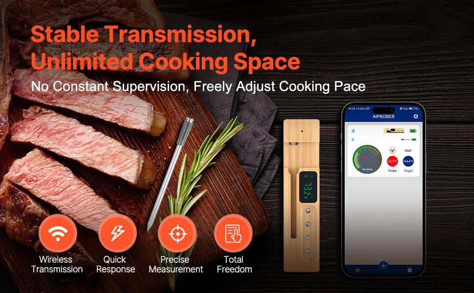 VEVOR Wireless Meat Thermometer Bluetooth Meat Probe 500 ft Range for Cooking