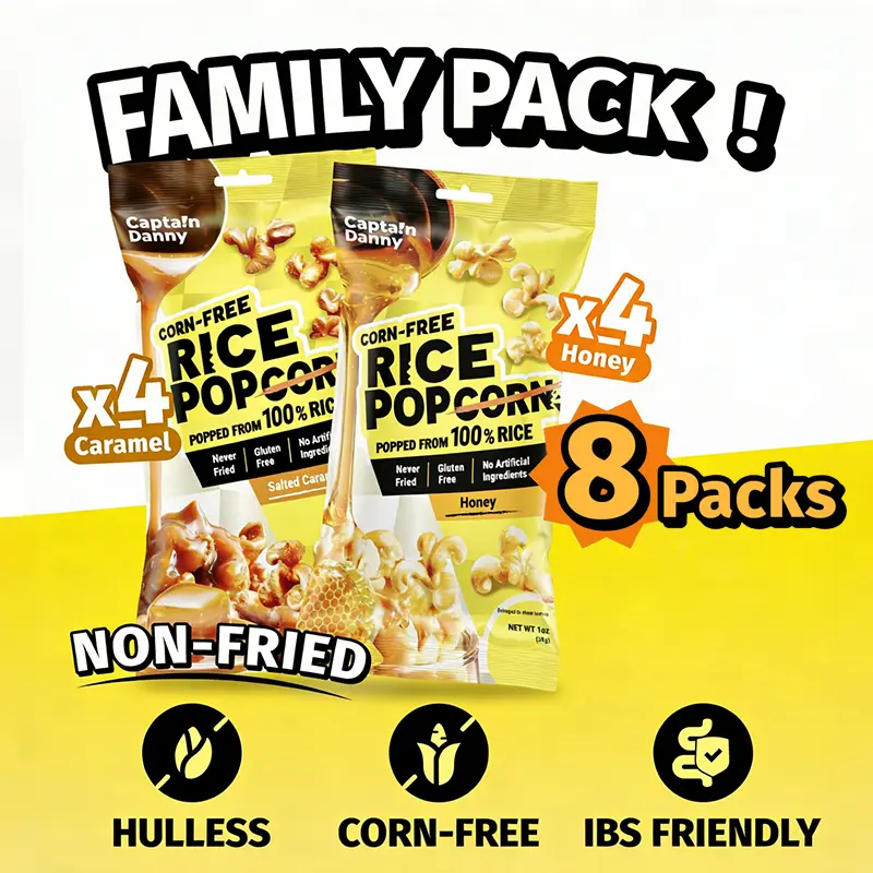 Captain Danny Corn-Free Hulless Air-Popped Healthy Flavored Popcorn Variety Set - Honey & Salted Caramel, Crunchy, Crispy, IBS-Friendly, Travel Snacks