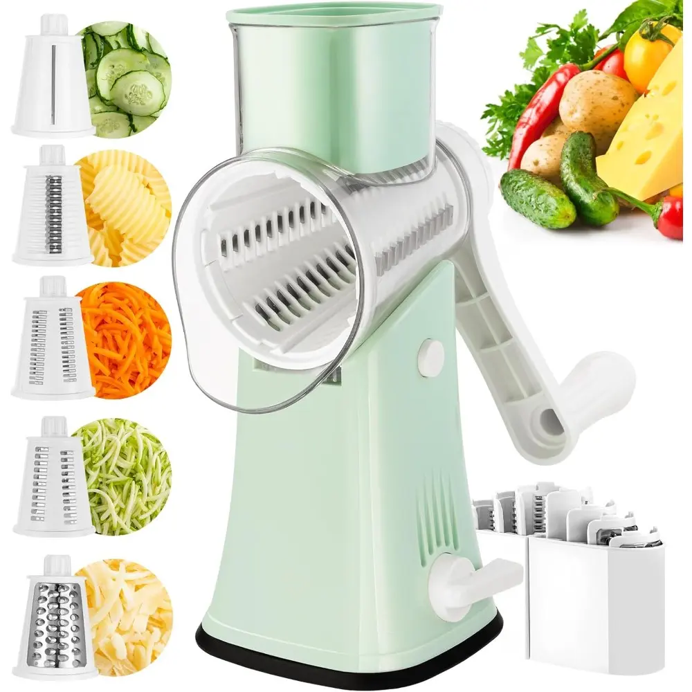 5-in-1 Rotary Grater with Handle - Replaceable Stainless Steel 5 Blades Options (1 Flake Blade), Plastic Storage Box, Cheese Shredder, Vegetable Slicer, Easy-Clean, Dishwasher-Safe, Easy-Assembly Kitchen Utensil for Peanut, Almond Prep