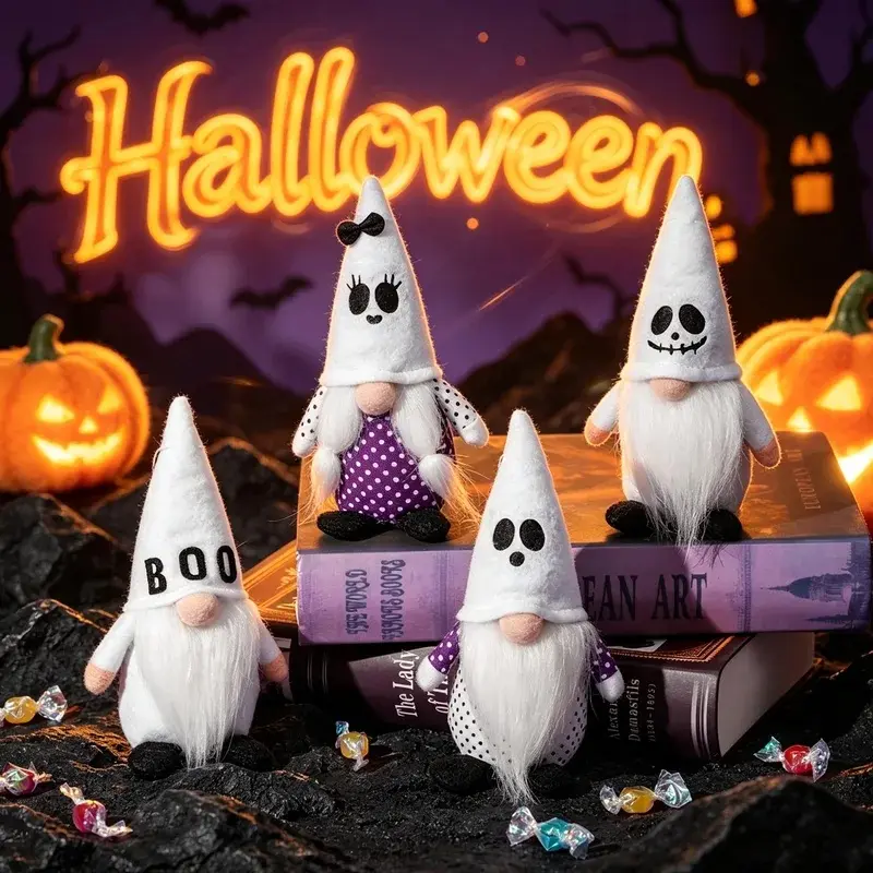 Halloween ghost gnome hanging decorations, faceless gnomes with "scary" lettering and skull patterns, suitable for indoor Halloween home and party decor