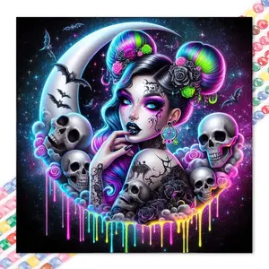 5D DIY Full Drill Round Diamond Painting - Diamond Painting Kit Moon Skull Mosaic Canvas DIY Wall Art, Home Wall Decoration
