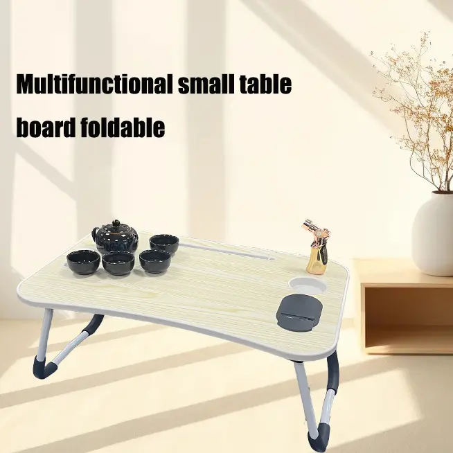 Portable Folding Wood Laptop Bed Table for Toy Tablets & Computers, Camping Table with 2.7" Cup Holder (Cup Stays Put), Tablet Slot, Anti-Slip Design, Fits Under 15.6" Laptops, 60x40x27cm, Ideal for Movie Night, Home Offices