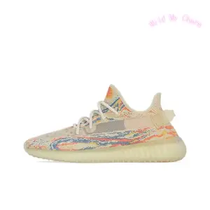 Marbled Multicolor Swirl Print Low Top Running Trainers, Breathable Cream Base Stretch Knit Mesh Upper, Pale Yellow Ridged Foam Thick Cushioned Daily Lifestyle Footwear