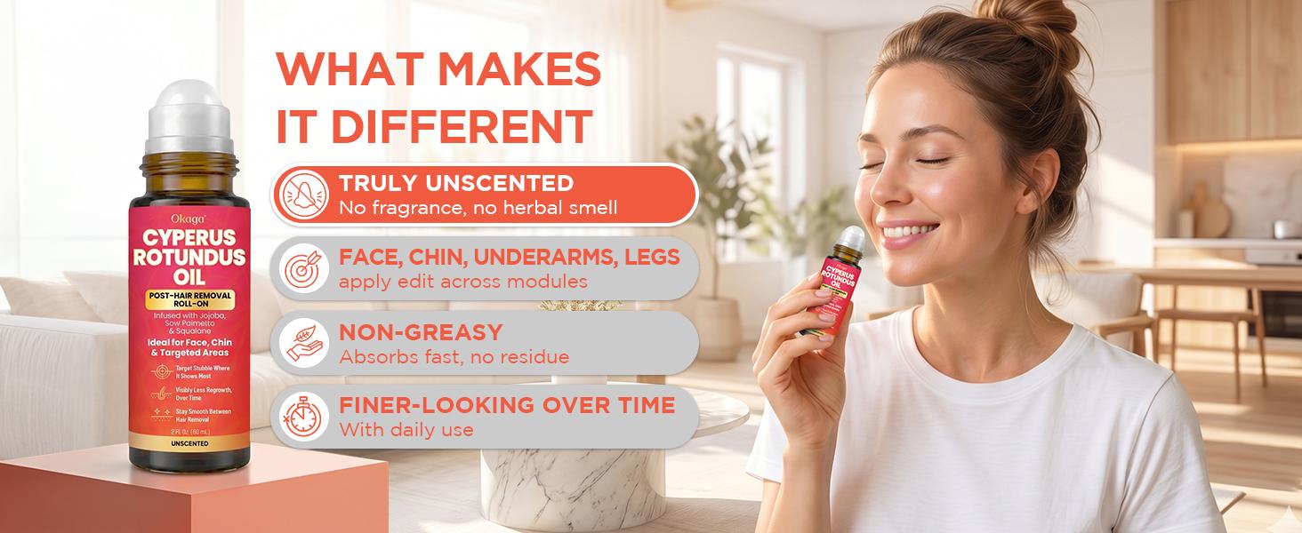 Okaga Cyperus Rotundus Oil | Natural Post-Hair Removal Roll-On | Armpit, Face, Chin, & Targeted Areas | Unscented | 60mL