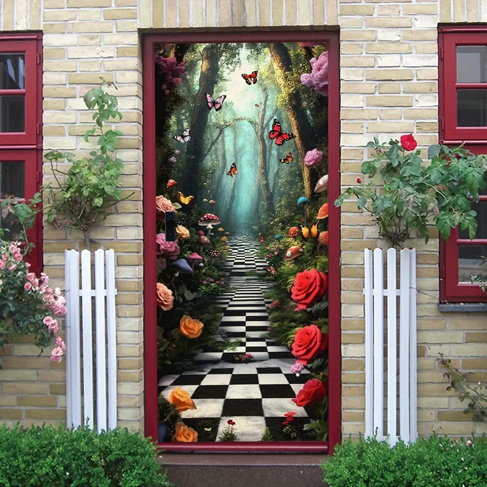 2pcs   Alice in Wonderland Theme Decorative Wall Stickers Fantasy Forest Black and White Checkerboard Path Mushroom Butterfly Rose Flowers Decals Self Adhesive Removable Waterproof Wall Art for Kids Room Bedr