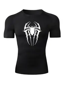 Men's Spider Print Round Neck Compression Tee, Quick Drying Breathable Short Sleeve T-shirt for Gym Workout Running, Casual Crew Neck Top for Summer, Gym Workout Tops, Gym Athletic Clothes