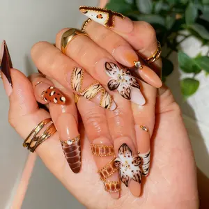 Handmade Armored Nail Art brown flower elegant French Acrylic Press-On Nails | Reusable Fake Nail Set | Holiday Vibe Winter Gradient Press-On Nails with Edgy Glam Design