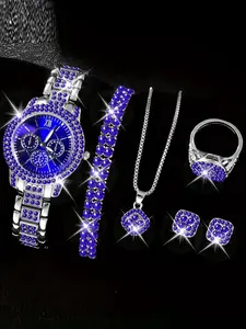 Women's Elegant Rhinestone Decorated Quartz Watch & Jewelry Set, Including Round Dial Watch & Bracelet & Necklace & Ring & Earrings, Fashion Watch Set for Party, Daily Decor, Trendy Watch Set, Fashionable Jewelry Set