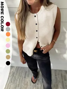 Women's Plain Solid Button Sweater Vest, Casual Basic Essential Soft Fabric Sleeveless Round Neck Knit Top for Spring & Fall, Fashion Women's Knitwear for Daily Wear