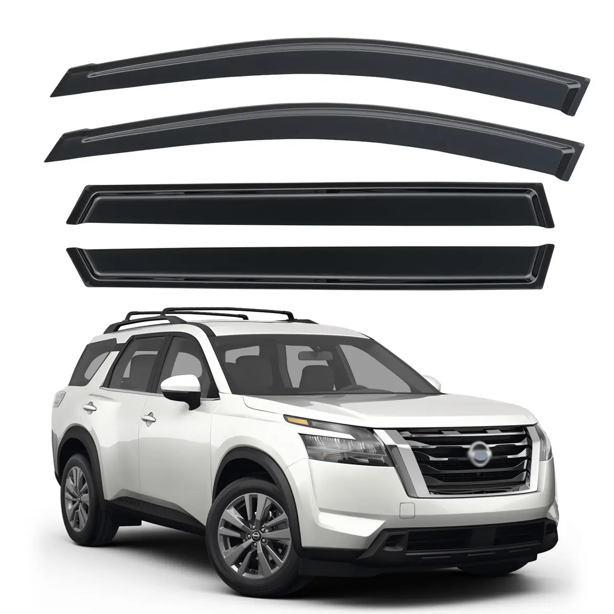 4pcs Dark Smoke Tint Window Visor for 2013-2021 Nissan Pathfinder WeatherShield Rain Visor Custom Fit Ultra-Tough Shatterproof Material, Sun Visor, Car Visor Extender
