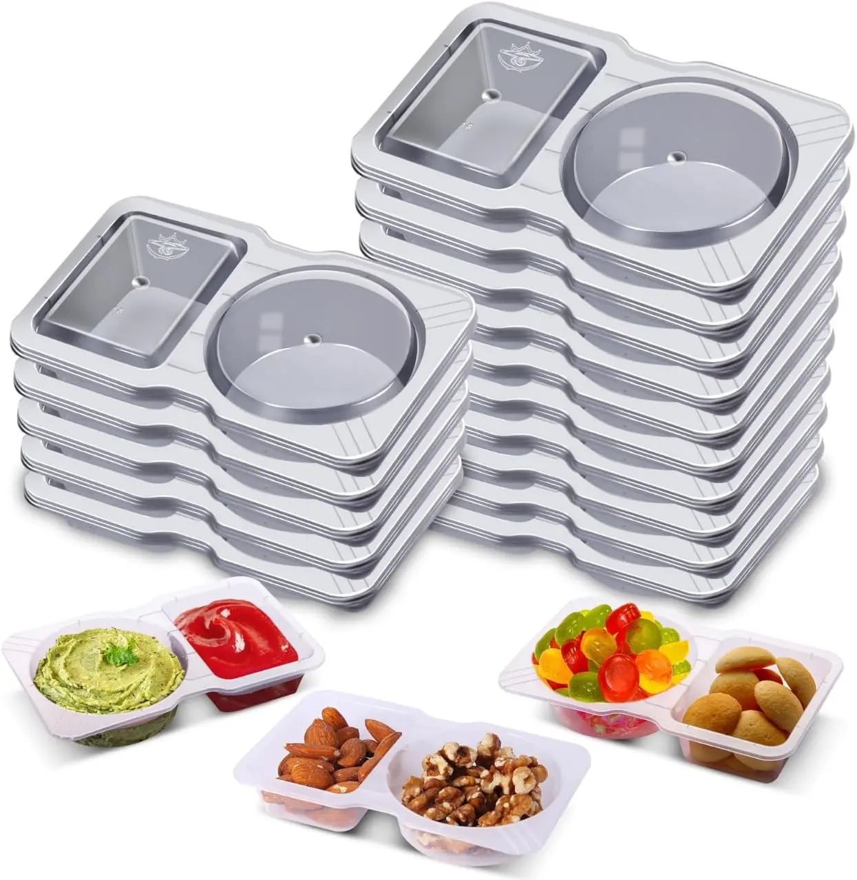 15-Pack (15 Sets) Lightweight Reusable Double-Compartment Snack Containers with Lids - Leak-Proof 2-Portion Condiment/Sauce Dip Holders, Convenient for On-the-Go Prep, Kitchen Preserving Containers (Not Microwave-Safe)
