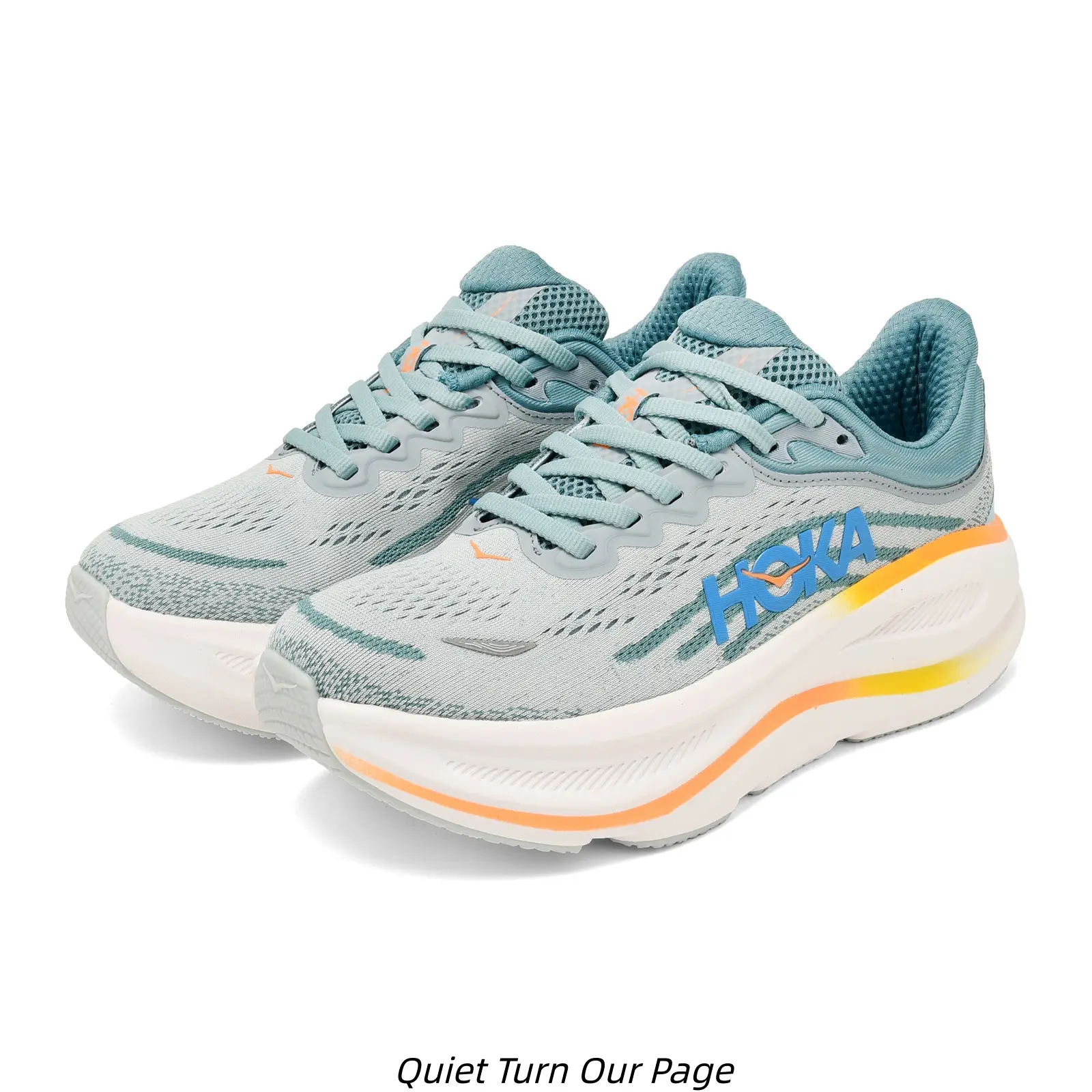 Unisex Dusty Teal Mesh Ultra Thick Curved Cushion Road Running Shoes Lightweight Breathable Shock Absorb Marathon Trainer Sneakers White Midsole Orange Gradient Accent Hollow Anti Slip Outsole Daily Outdoor Walking Athletic Footwear