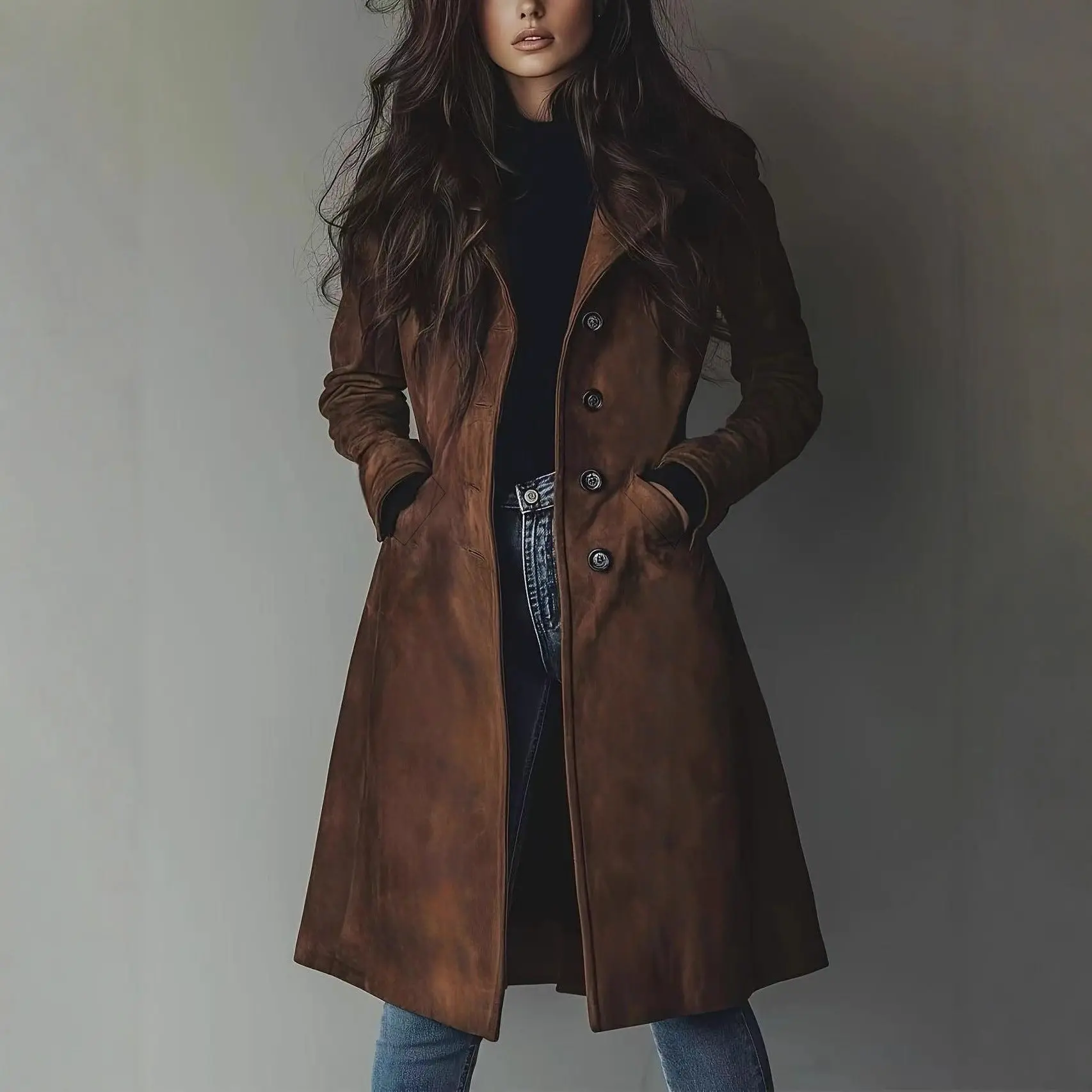 Women's Collared Neck Western-Style Suede Long Windbreaker Coat - Autumn Winter Clothes with Buttoned Closure, Jacket, One Button