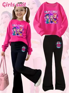 Girls Kpop Demon Hunters Korean Series Warrior Style Cartoon Print Hoodie & Soda Theme Bell Bottoms Sportswear Set, Fall Winter Fashion