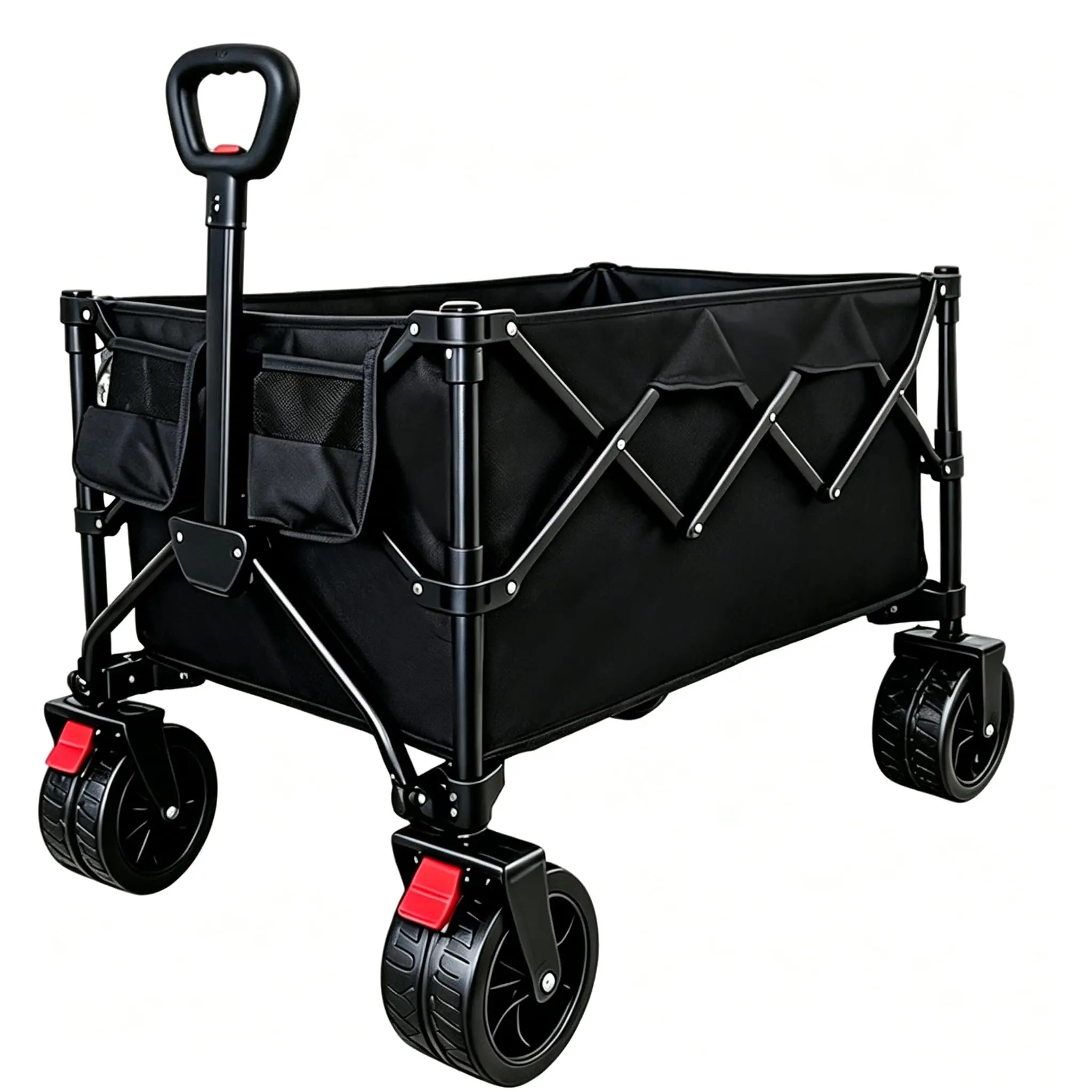 Foldable Camping Utility Wagon Cart with Brake Swivel Wheels, Large Storage Outdoor Trolley with Side Mesh Cup Pockets for Beach, Picnic, Grocery & Garden