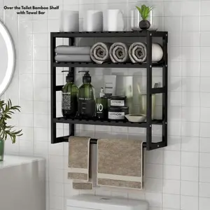 Over the Toilet Bamboo Shelf with Towel Bar – Adjustable Bathroom Storage Rack, Space Saving Organizer for Small Bathroom (Black-1Pack))