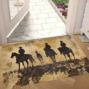 Vintage Western Cowboy Floor Mat with Retro Horseback Print, Distressed Desert Design for Front Door, Porch, and Rustic Cabin Home Decor, Outdoor Patio Rug