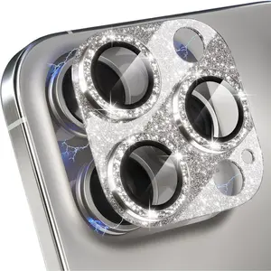 Compatible for  15 Pro/ 15 Pro Max Camera Lens Protector, Bling Camera Cover with 9H Tempered Glass Lens Screen Protector Metal Ring Decoration Accessories (Glitter-Titanium )