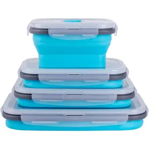 Collapsible Food Storage Containers with Airtight Lid & Air Vent, 4 Sizes, Kitchen Stacking Silicone Collapsible Meal Prep Container Set for Leftover, Microwave Freezer Dishwasher Safe, Blue, Set of 4 Annaklin