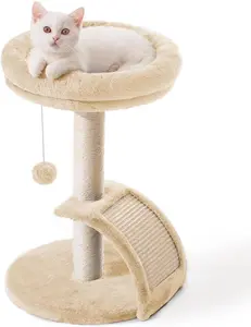 Cat Scratching Post Tower for Indoor Cats, Small Cat Tree Tower with Bed and Hanging Ball Toys, Short Modern Carpet Kitten Scratcher Stand with Large Round Perch and Scratch Ramp (Beige), best PET supplies