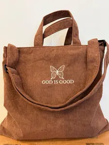 Embroidered God Is Good Corduroy Crossbody Bag Christian Retro Butterfly Tote Bible Study Bag with Zipper Christian Gift for Women