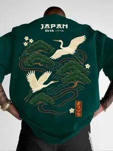 Men's Round Neck Crane Pattern Short Sleeve T-Shirt, Casual Summer Outdoor Activity Top, Fitted Long Clothing, Animal Print Style