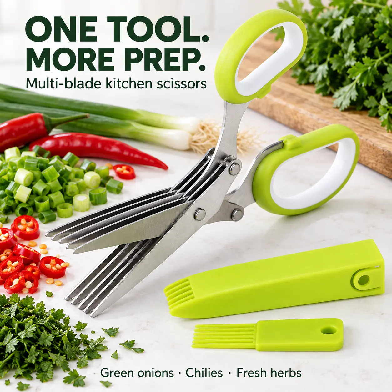 Herb Scissors, Multi-Blade Kitchen Shears for Snipping Fresh Herbs, Green Onions and Small Chilies, with Cleaning Comb and Blade Cover, Green