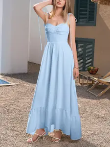 Lady's Cotton Spaghetti Strap Sweetheart Neck Sleeveless Ruffle Hem Casual Maxi Dress, Women's Dresses for Casual Wear, Comfortable Gowns