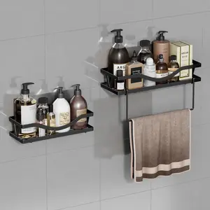 Shower rack storage rack, self-adhesive black bathroom rack basket, interior storage and decoration accessories for family farmhouse walls, 3-piece set