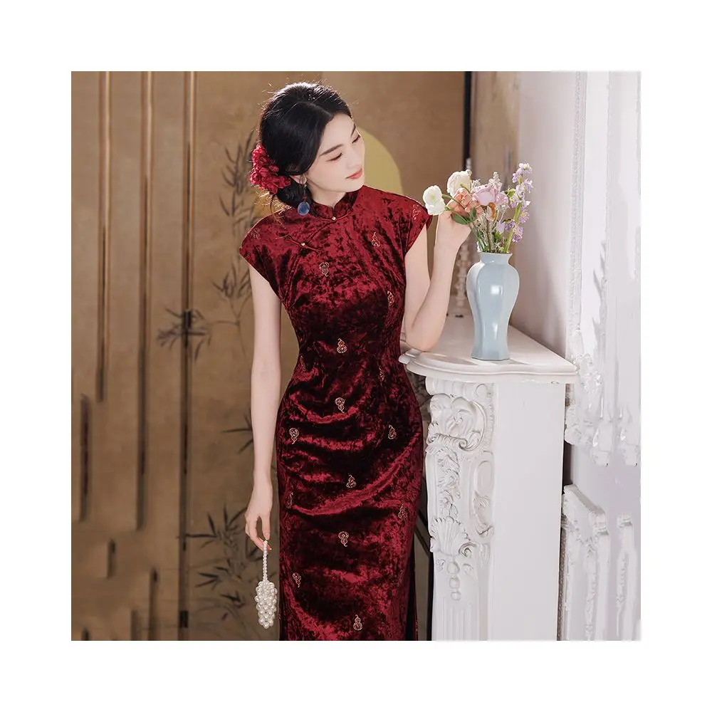 Crimson Velvet Embroidered Qipao Dress | Neo-Chinese Cheongsam, Elegant Evening Wear, Wedding Guest Dress, Velvet