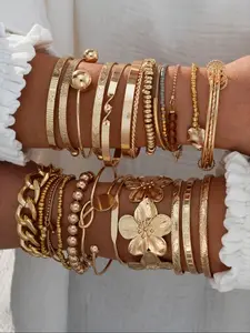 Women's Bracelet Set Chunky Faux Pearl Wide Flower Beaded Chain Bangles Jewelry Gift for Daily Date Vacation Party Bracelets, Trendy Stackable Jewelry for Daily & Party Wear, Exquisite Trendy Bracelet