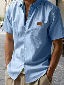 Men's European Style Pleated Texture Casual Shirt, Sporty Trendy Leather Label Design, Loose Comfortable Lightweight Fabric, Essential for Daily Wear