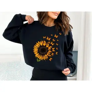 Sunflower And Flying Butterflies Sweatshirt, Cute Sunflower Sweater, Sunflower And Flying Butterflies Sweatshirt, Cute Gift For Women